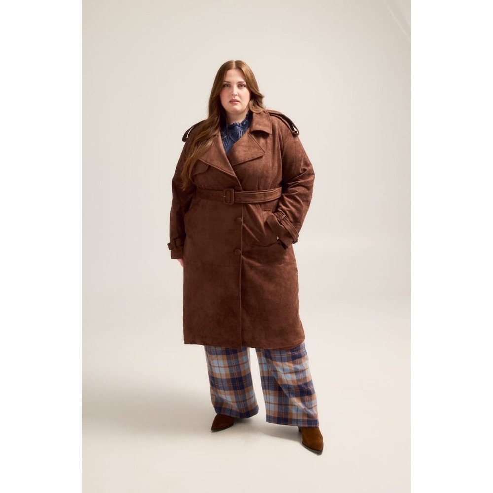 NWT Hilary MacMillan Brown Faux Suede Trench Coat 3X Belted Longline Fun